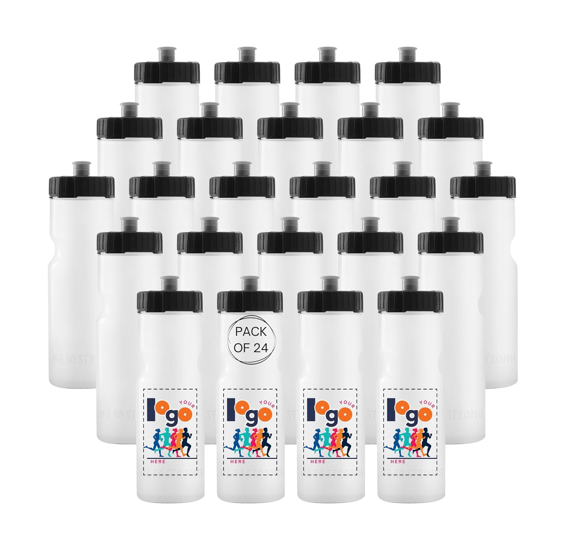 Pack of 24 white water bottles with black lids on a white background