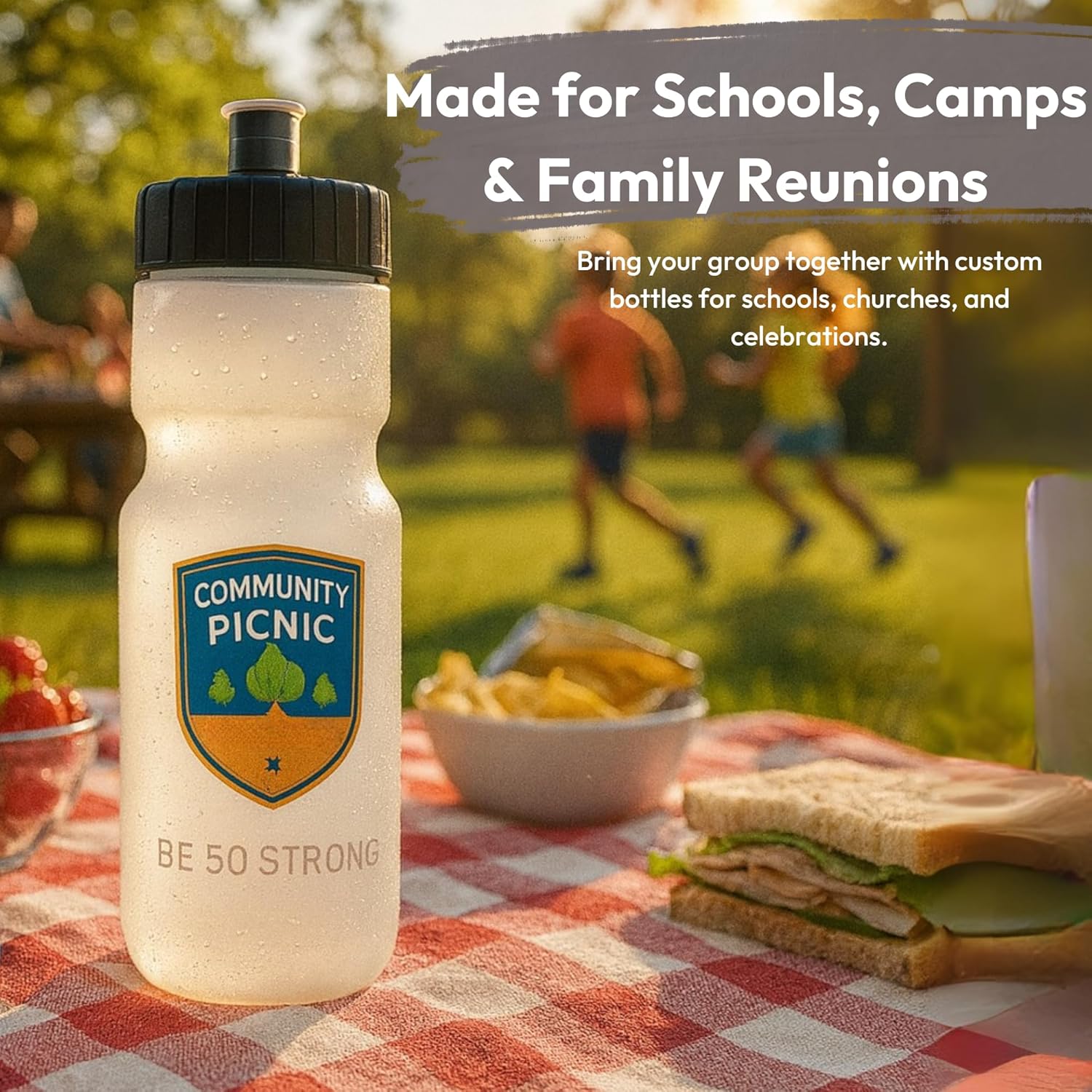 Community Picnic water bottle with picnic scene in the background