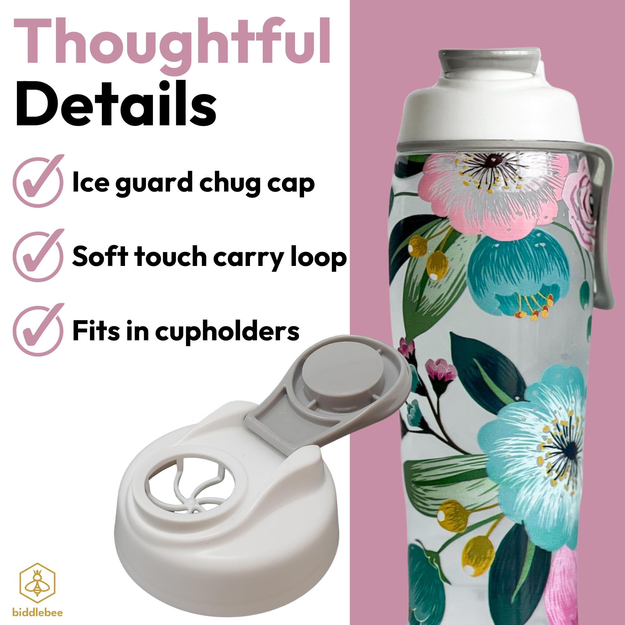Floral-patterned water bottle with ice guard chug cap and soft touch carry loop on a pink background