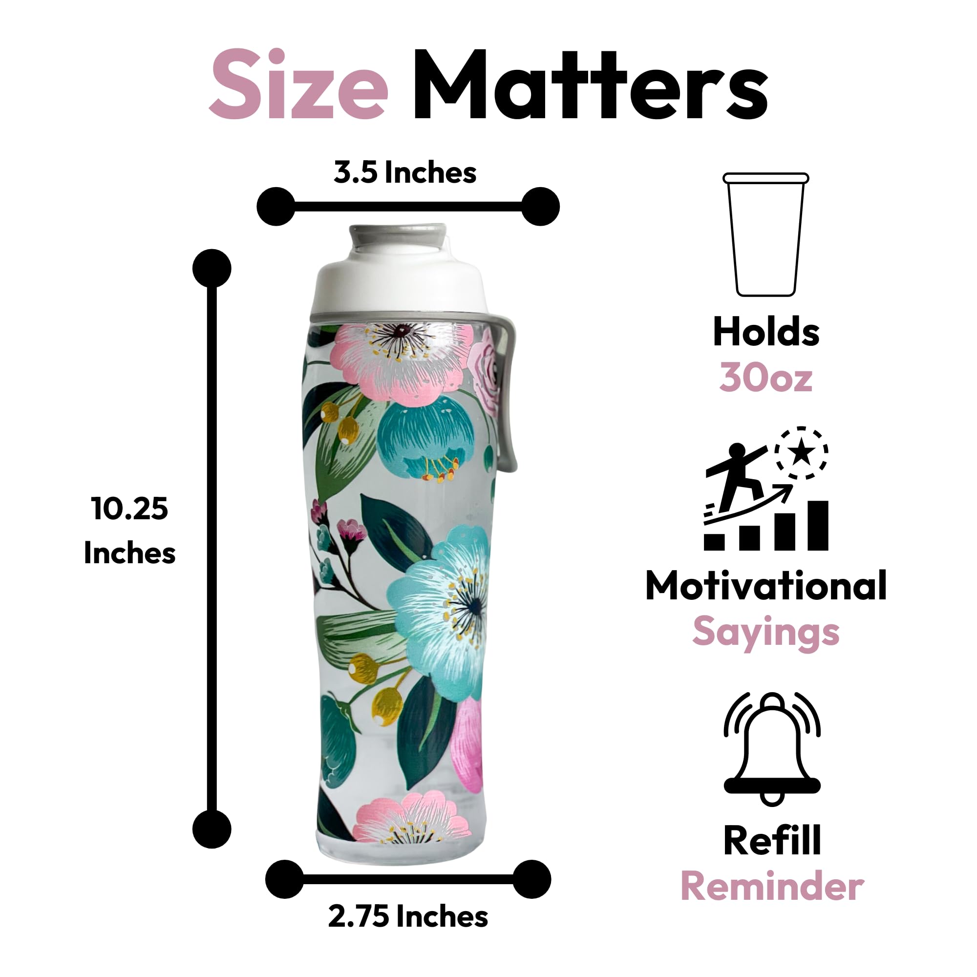 Floral-patterned water bottle with measurements and features on a white background