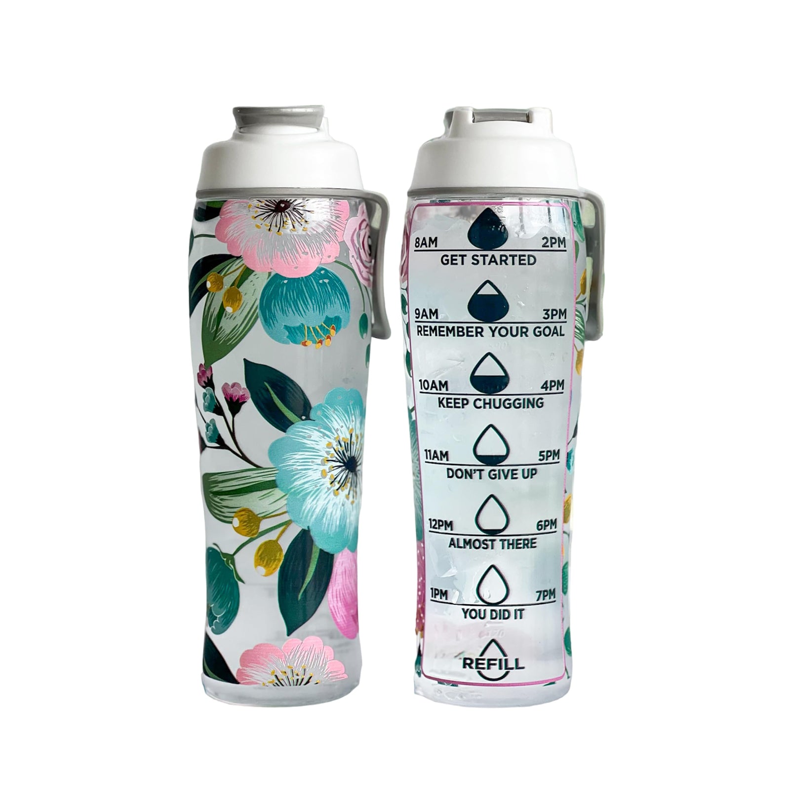 Two water bottles with floral design and motivational time markers on a white background