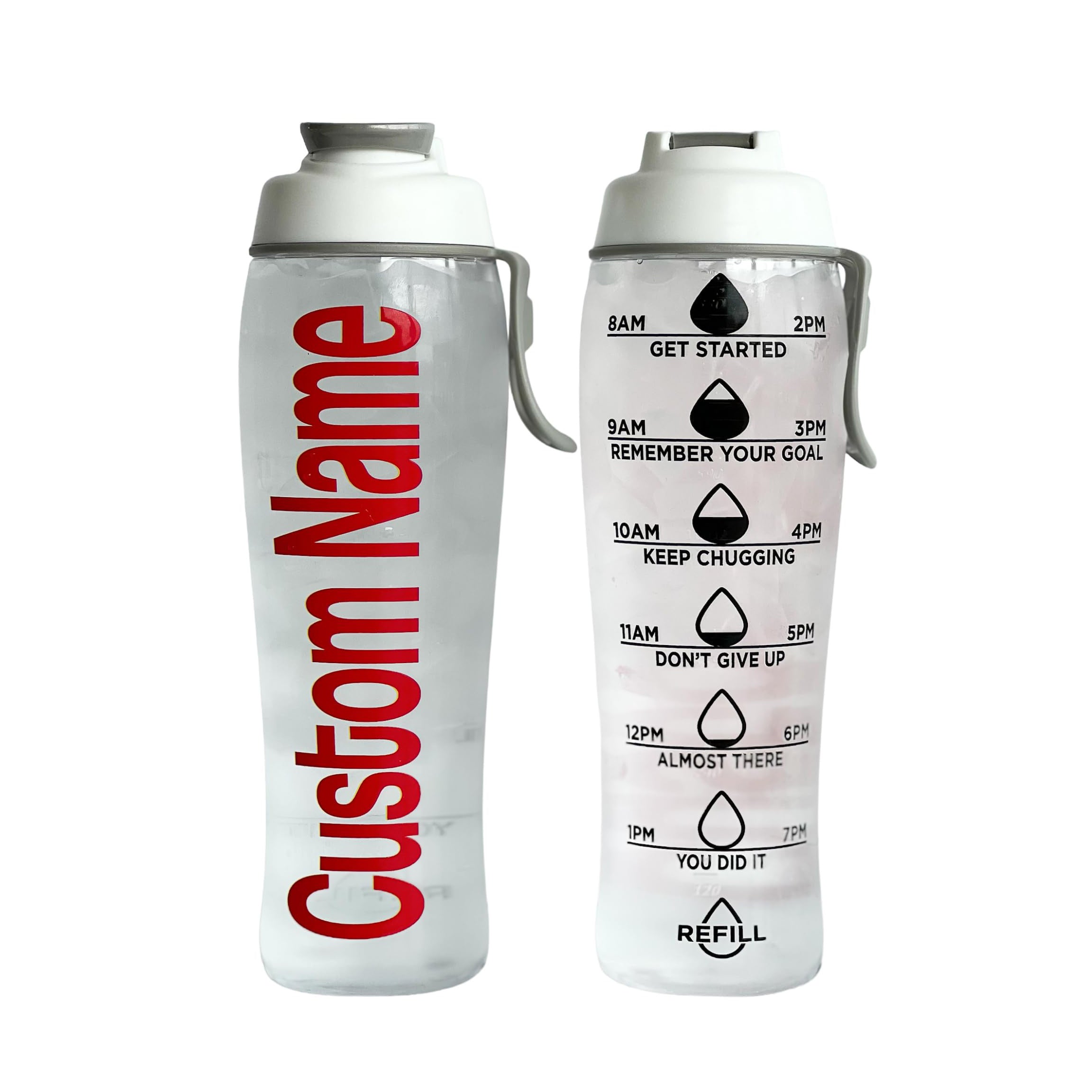 Two motivational water bottles with text and graphics on a white background