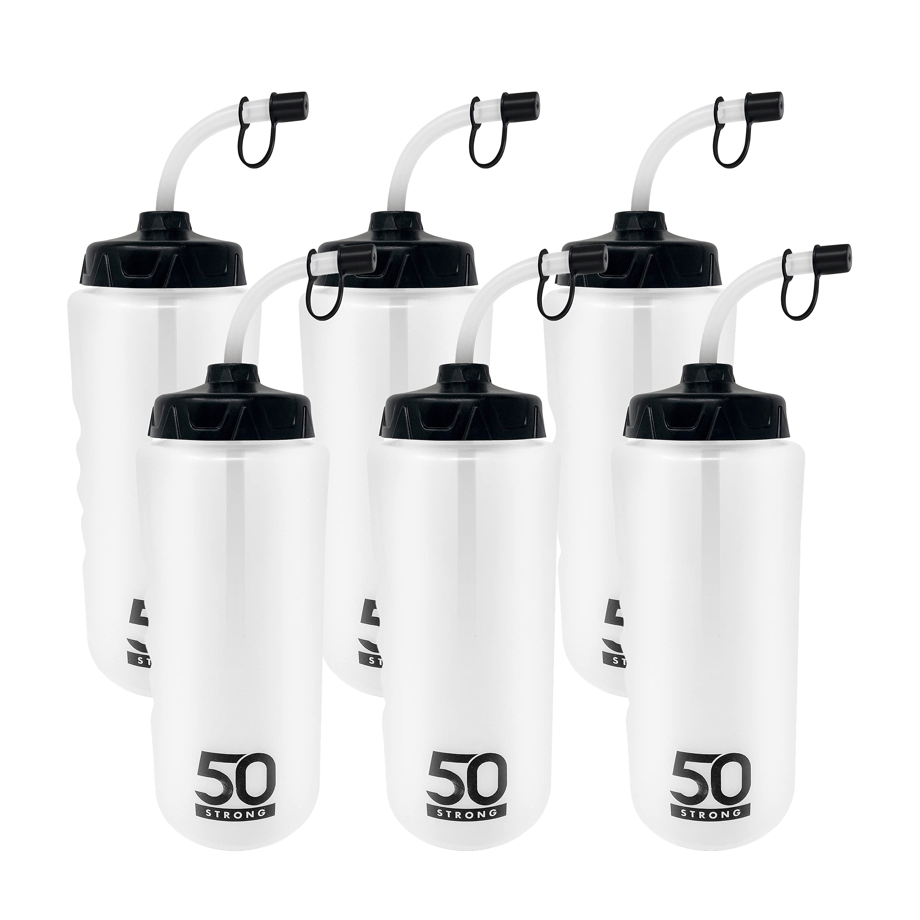 Set of six clear water bottles with black lids and '50 Strong' branding on a white background