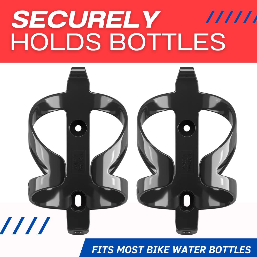 Two black bike bottle cages with text indicating they securely hold bottles and fit most bike water bottles on a white background.