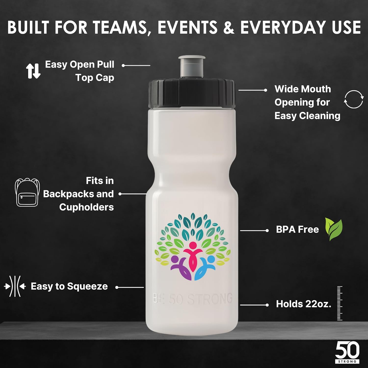 White water bottle with colorful logo on a black background with text highlighting features.