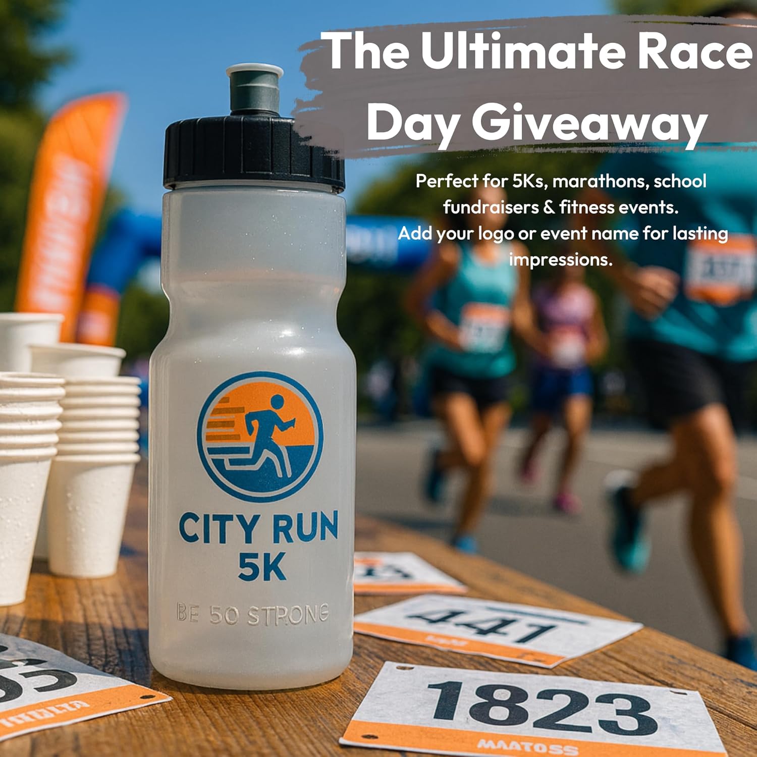 Clear water bottle with 'City Run 5K' logo on a table with race bibs, blurred runners in the background