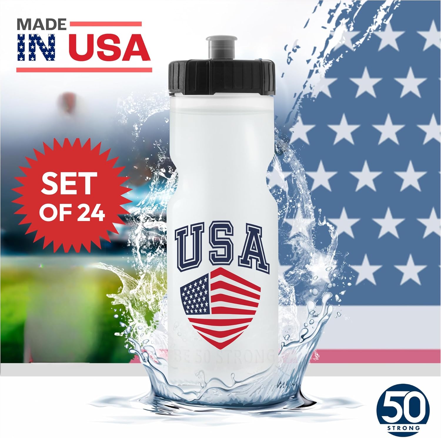 Water bottle with 'USA' and American flag design, set of 24, made in USA, on an American flag background.
