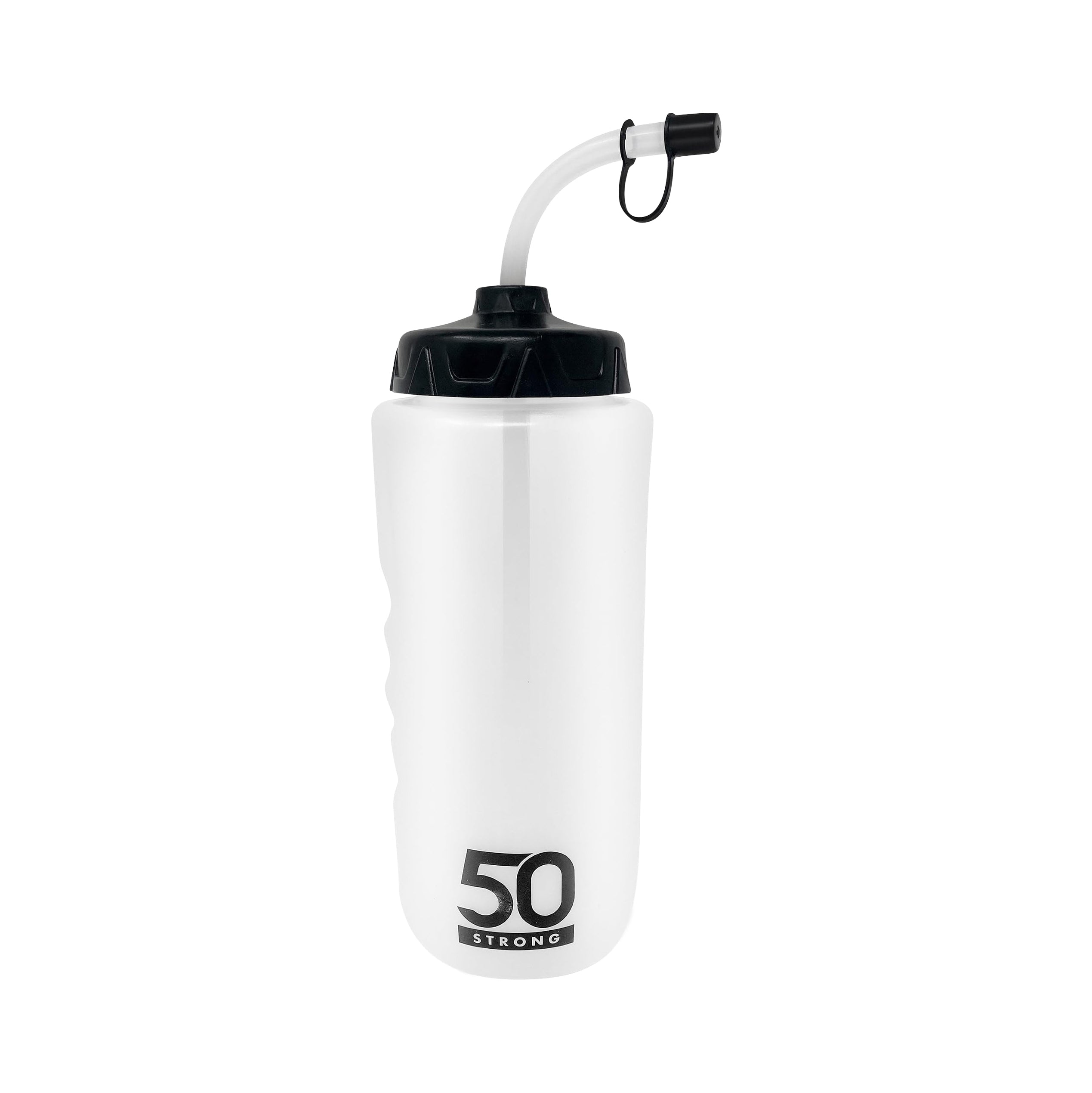 A clear plastic water bottle with a straw on a white background.