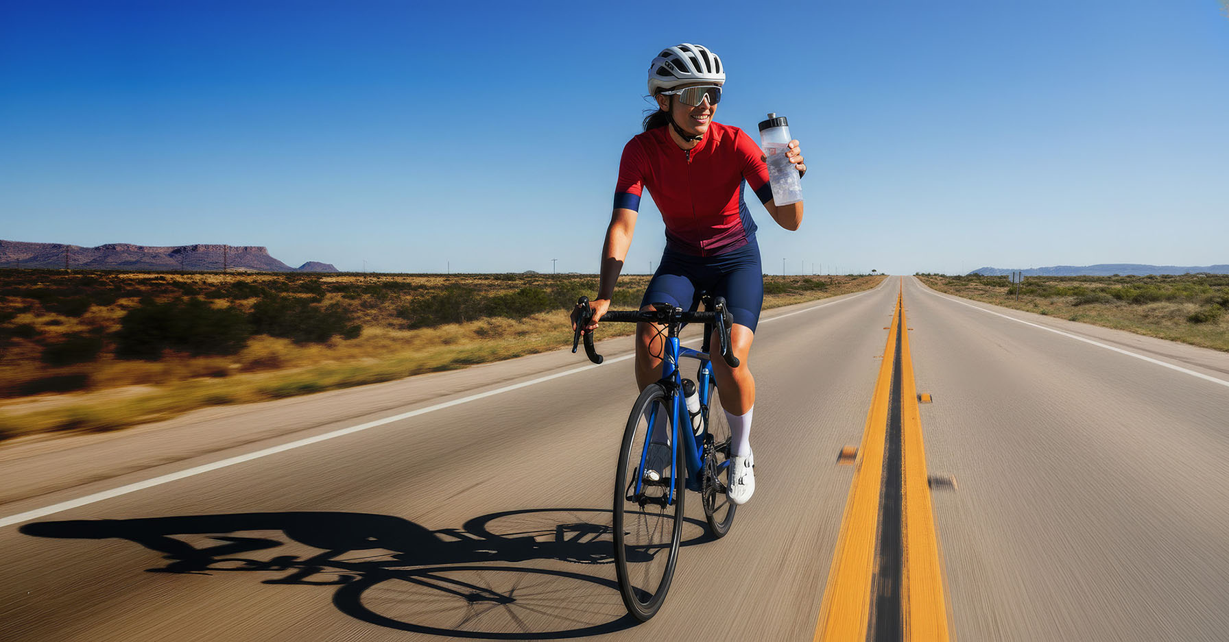 Cyclist on a desert road with a clear blue sky.