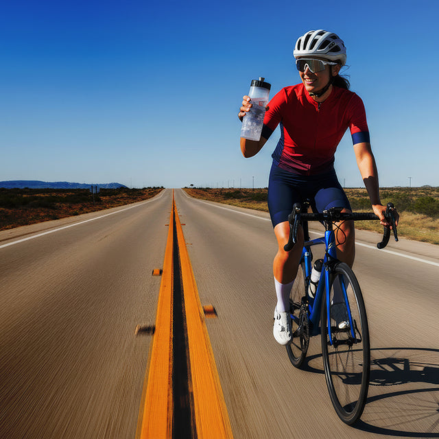 Cyclist on an open road holding a water bottle with a clear blue sky in the background.