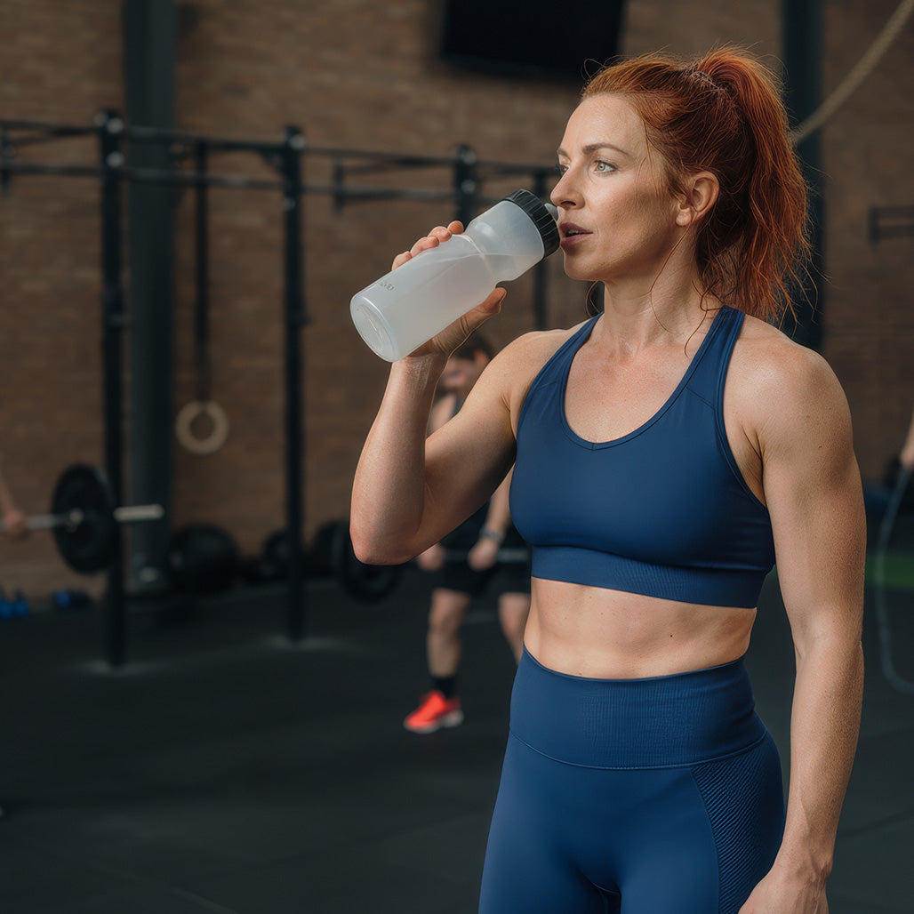 Woman in blue athletic wear drinking from a water bottle in a gym setting
