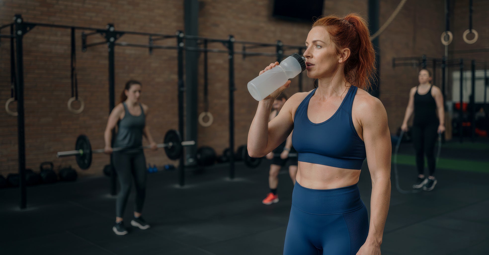 Woman in a gym drinking from a water bottle with others exercising in the background.