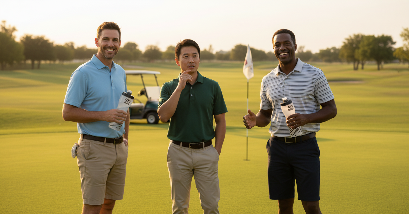Three men on a golf course holding drinks and smiling
