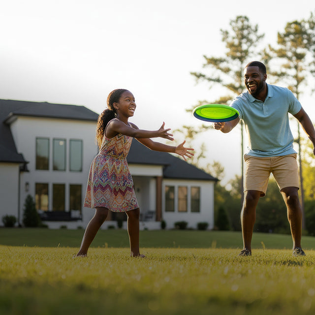 Man and young girl playing with a green frisbee in a grassy yard with a house in the background.