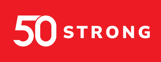 Logo with '50 Strong' text on a red background