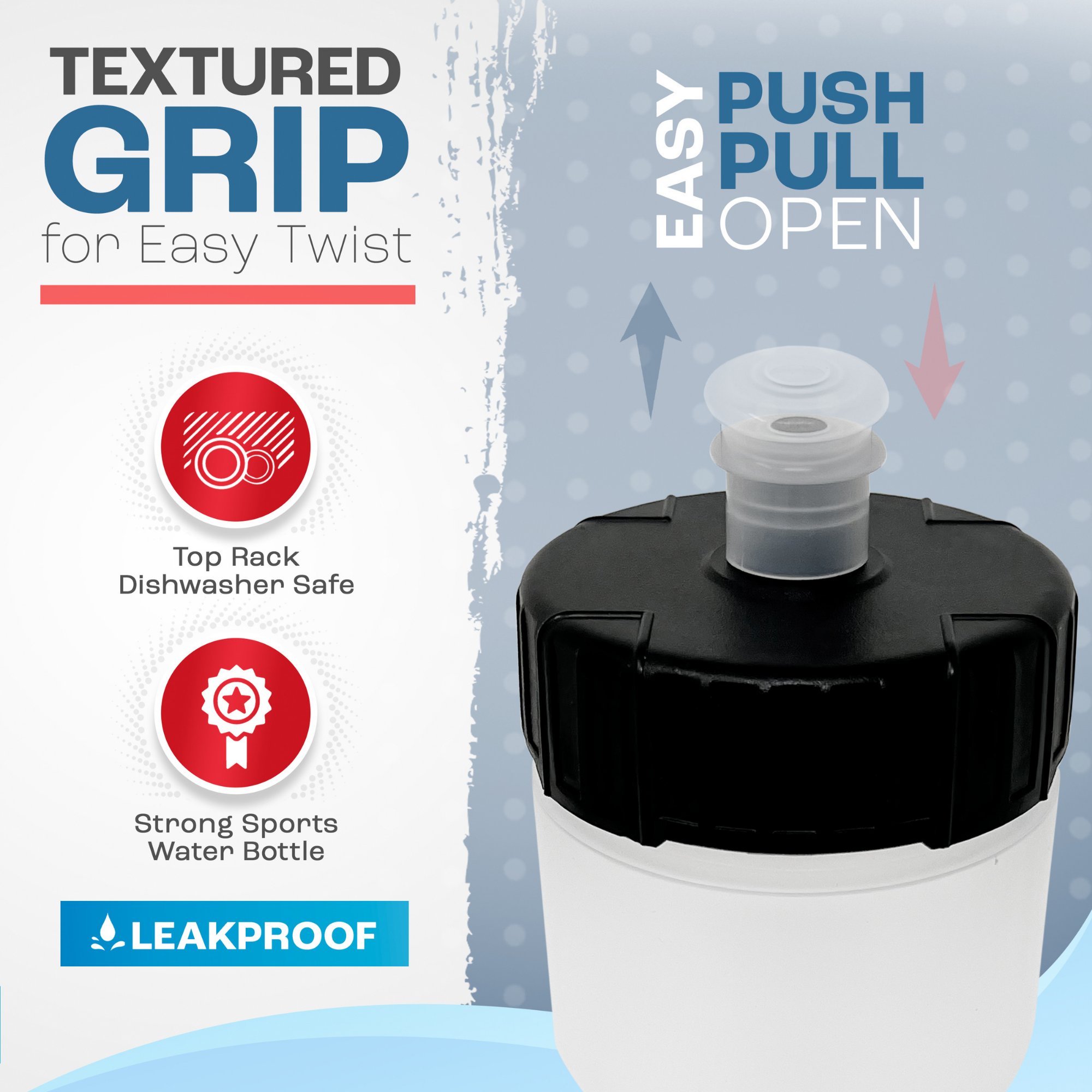 Textured grip water bottle with push pull cap on a blue and gray background