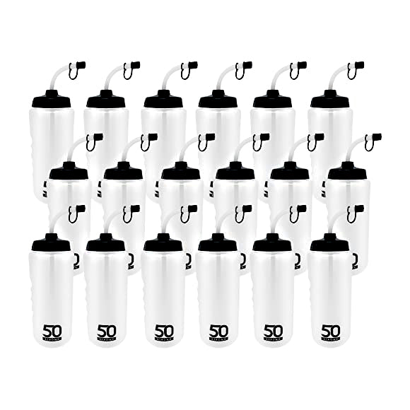 Set of 16 white water bottles with black lids and '50' branding on a white background