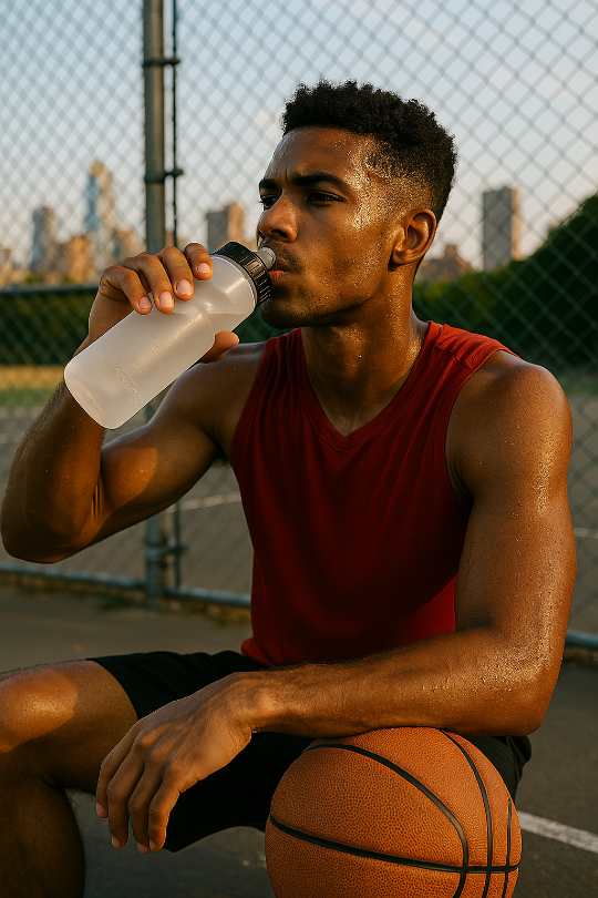 Man in red tank top drinking from a water bottle on a basketball court