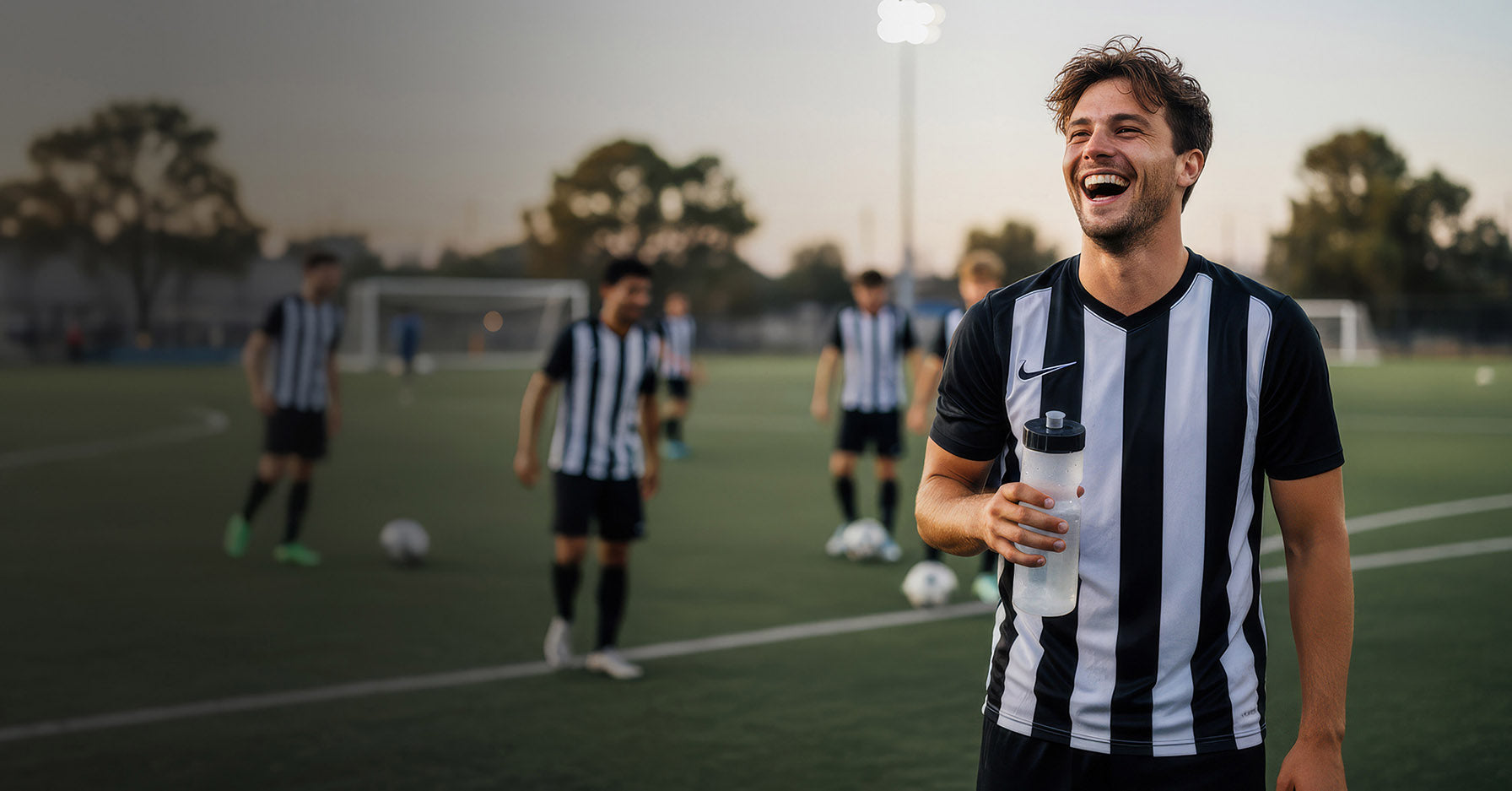 Soccer player holding a water bottle on a soccer field with teammates in the background.