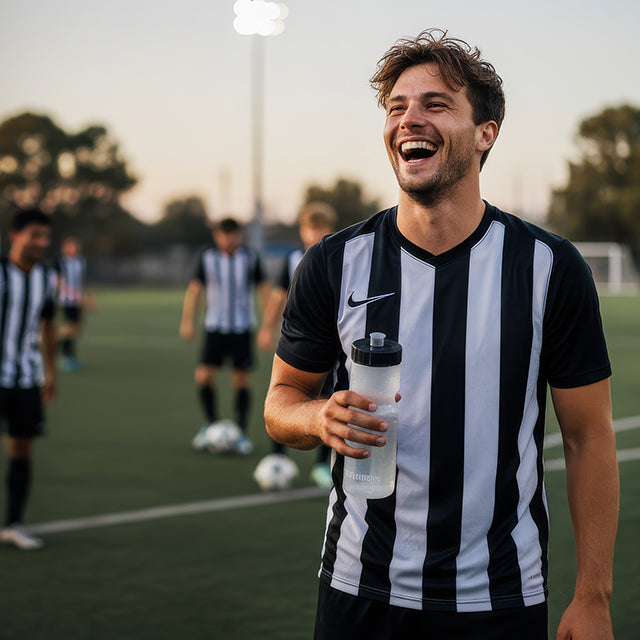 Man in a black and white striped soccer jersey holding a water bottle on a soccer field with other players in the background.