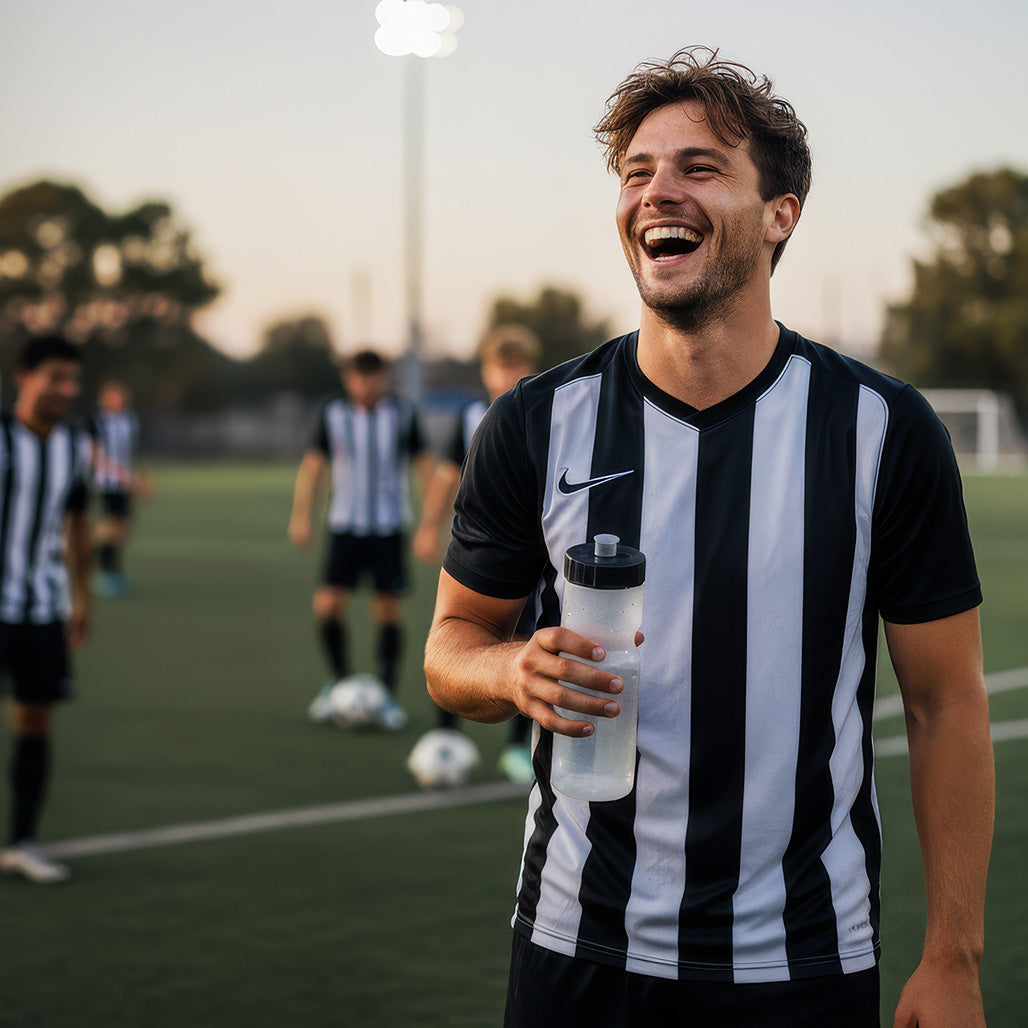 Man in a black and white striped soccer jersey holding a water bottle on a soccer field with other players in the background.