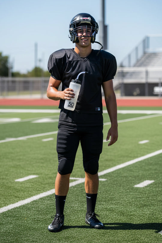 Person in football uniform holding a water bottle on a football field