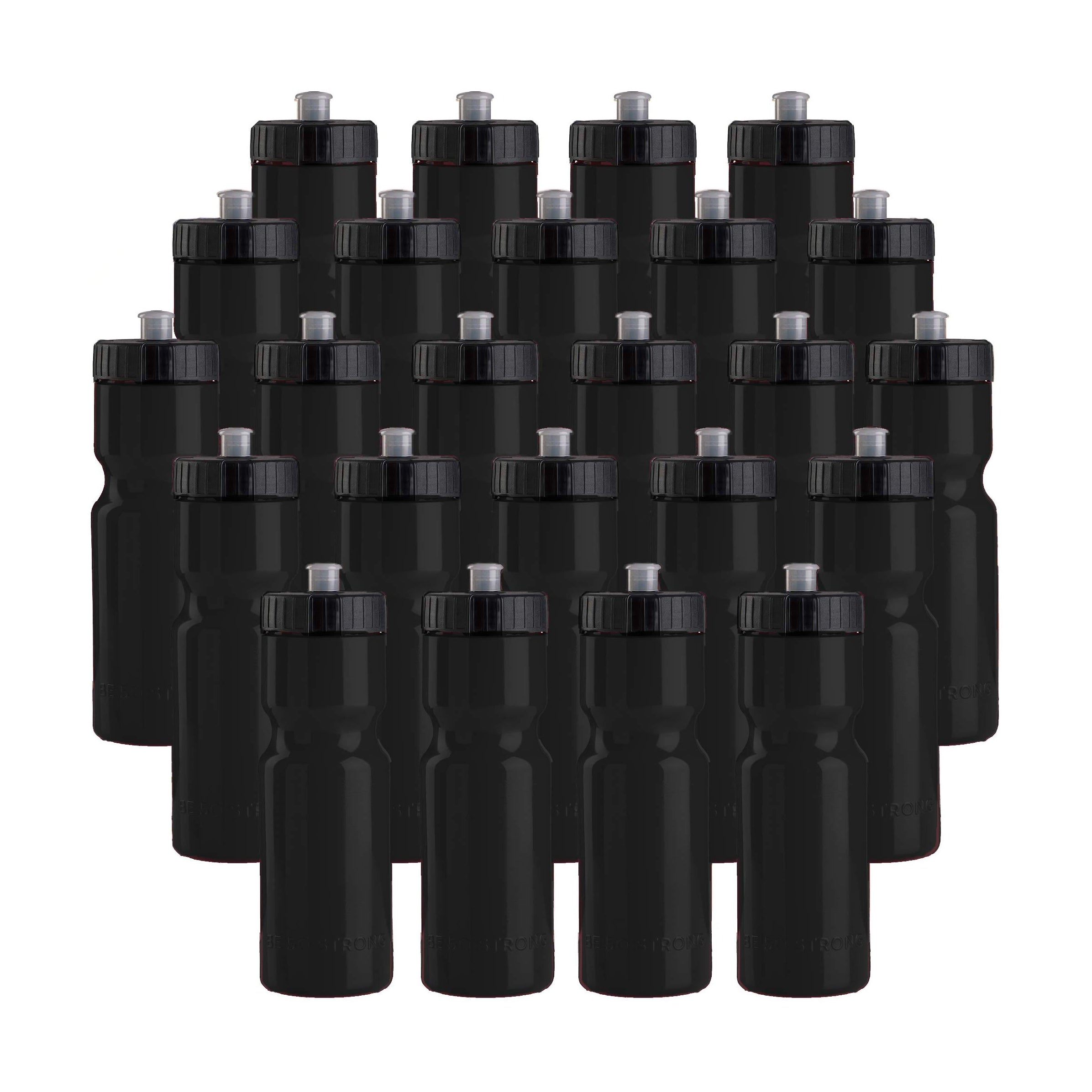 Multiple black bottles with caps on a white background